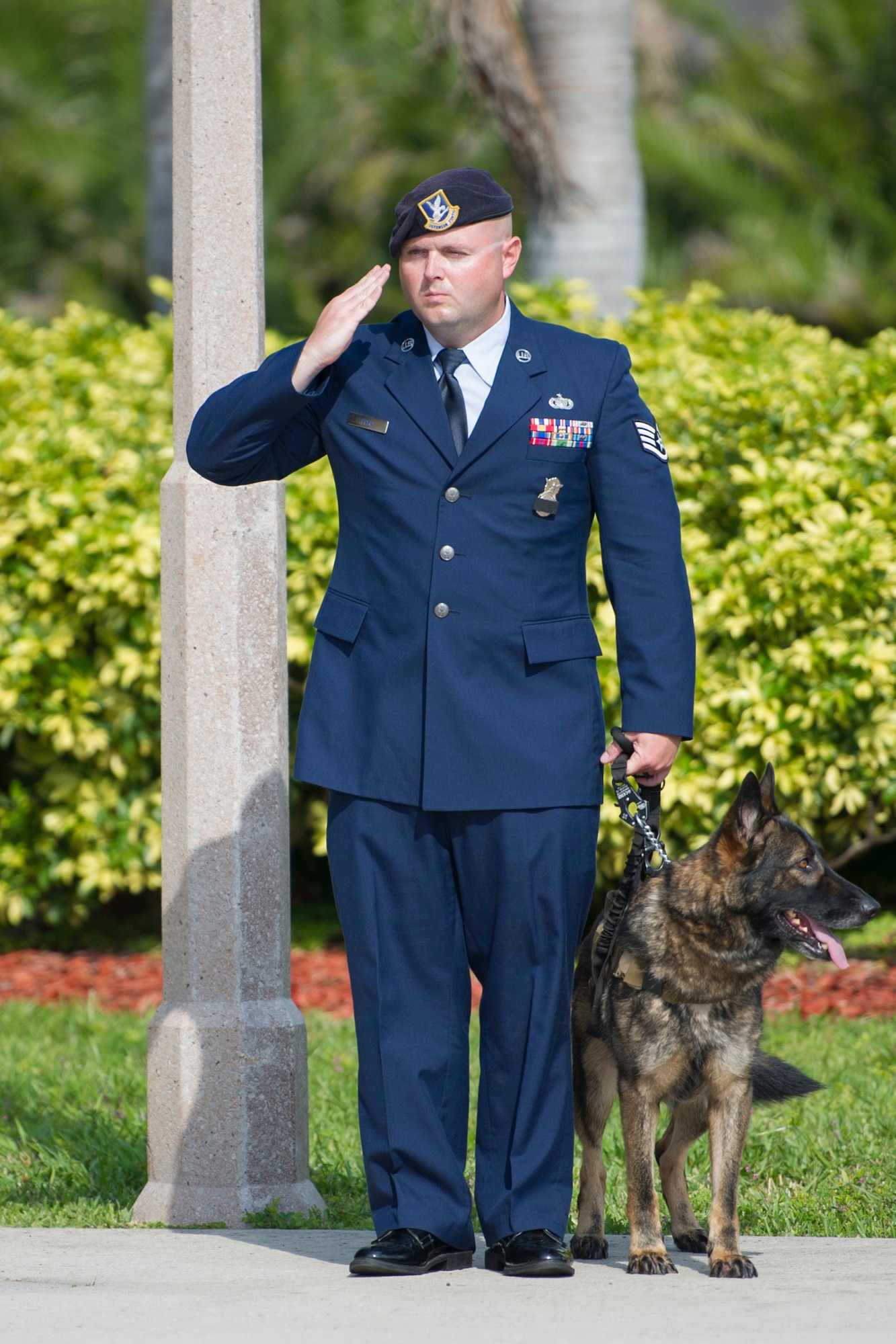 The 45th Security Forces Squadron honored all law enforcement and first responders who have made the ultimate sacrifice during the National Police Week Opening and Fallen Heroes Ceremony May 16, 2016, at Patrick Air Force Base, Fla. This year’s National Police Week dates are held May 15-21, 2016. A SFS Open House is scheduled for May 18, which includes a Military Working Dog demonstration. Guests can also see the holding cells, dispatch center, mobile command post, weapons display, and patrol vehicle from 2-4 p.m. in building 1319. The open house is open to those with a valid DOD identification card. Additionally, a Wing Run is slated for May 20 at 7 a.m. at the WarFit Field. All members have the option to complete a 2-mile or 5K ruck march instead of 5K run. For more information, call (321) 494-6949/6270. (U.S. Air Force photos/Matthew Jurgens/Released)