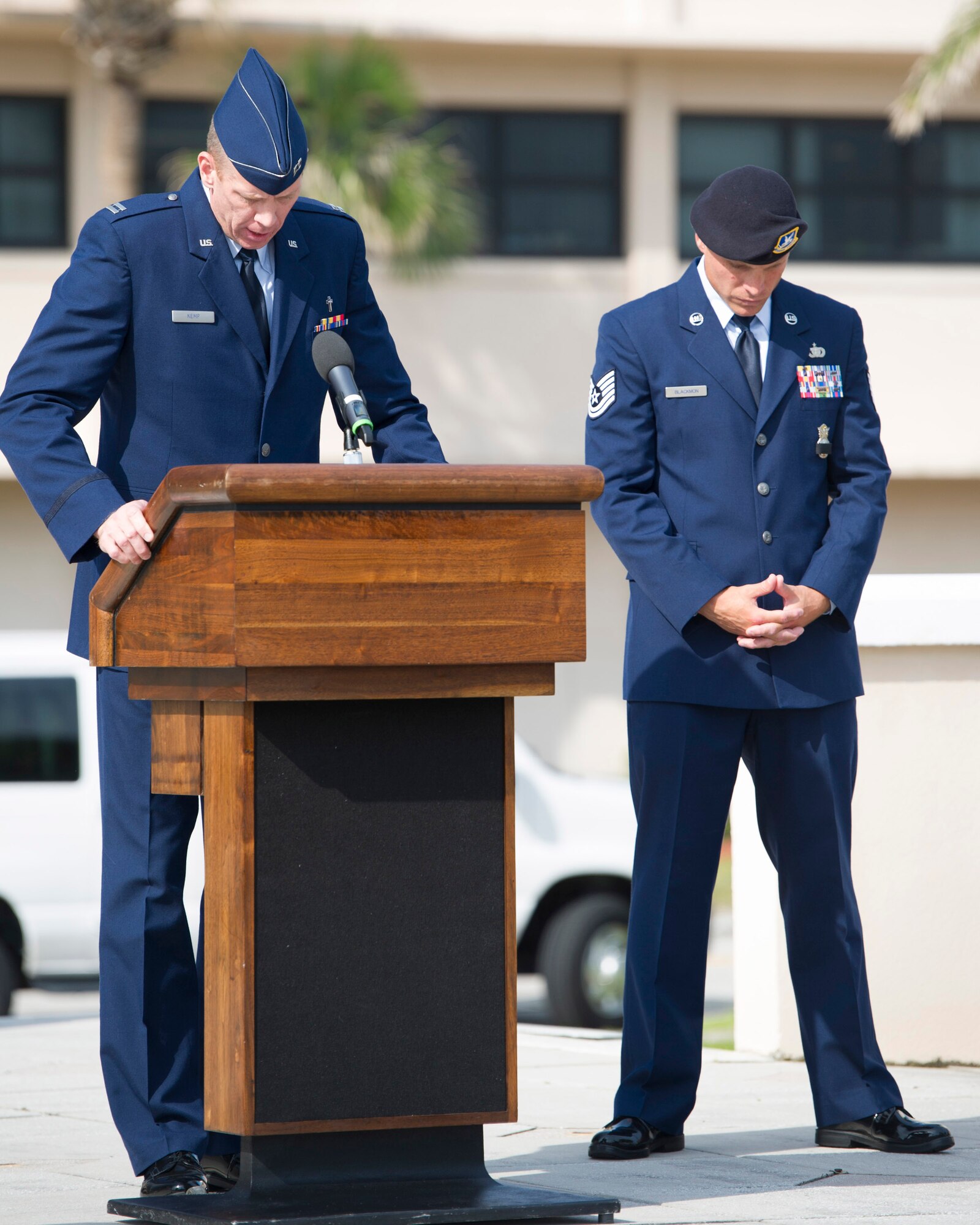 The 45th Security Forces Squadron honored all law enforcement and first responders who have made the ultimate sacrifice during the National Police Week Opening and Fallen Heroes Ceremony May 16, 2016, at Patrick Air Force Base, Fla. This year’s National Police Week dates are held May 15-21, 2016. A SFS Open House is scheduled for May 18, which includes a Military Working Dog demonstration. Guests can also see the holding cells, dispatch center, mobile command post, weapons display, and patrol vehicle from 2-4 p.m. in building 1319. The open house is open to those with a valid DOD identification card. Additionally, a Wing Run is slated for May 20 at 7 a.m. at the WarFit Field. All members have the option to complete a 2-mile or 5K ruck march instead of 5K run. For more information, call (321) 494-6949/6270. (U.S. Air Force photos/Matthew Jurgens/Released)