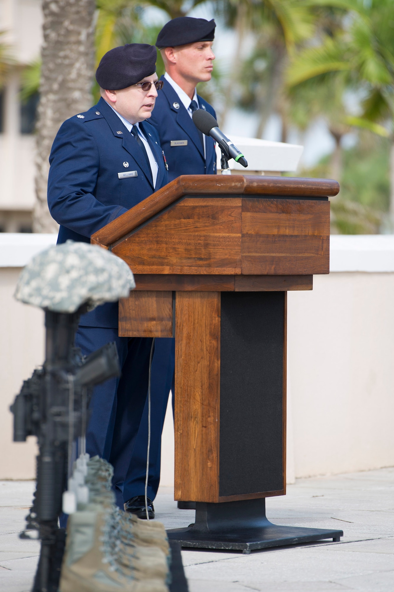 The 45th Security Forces Squadron honored all law enforcement and first responders who have made the ultimate sacrifice during the National Police Week Opening and Fallen Heroes Ceremony May 16, 2016, at Patrick Air Force Base, Fla. This year’s National Police Week dates are held May 15-21, 2016. A SFS Open House is scheduled for May 18, which includes a Military Working Dog demonstration. Guests can also see the holding cells, dispatch center, mobile command post, weapons display, and patrol vehicle from 2-4 p.m. in building 1319. The open house is open to those with a valid DOD identification card. Additionally, a Wing Run is slated for May 20 at 7 a.m. at the WarFit Field. All members have the option to complete a 2-mile or 5K ruck march instead of 5K run. For more information, call (321) 494-6949/6270. (U.S. Air Force photos/Matthew Jurgens/Released)