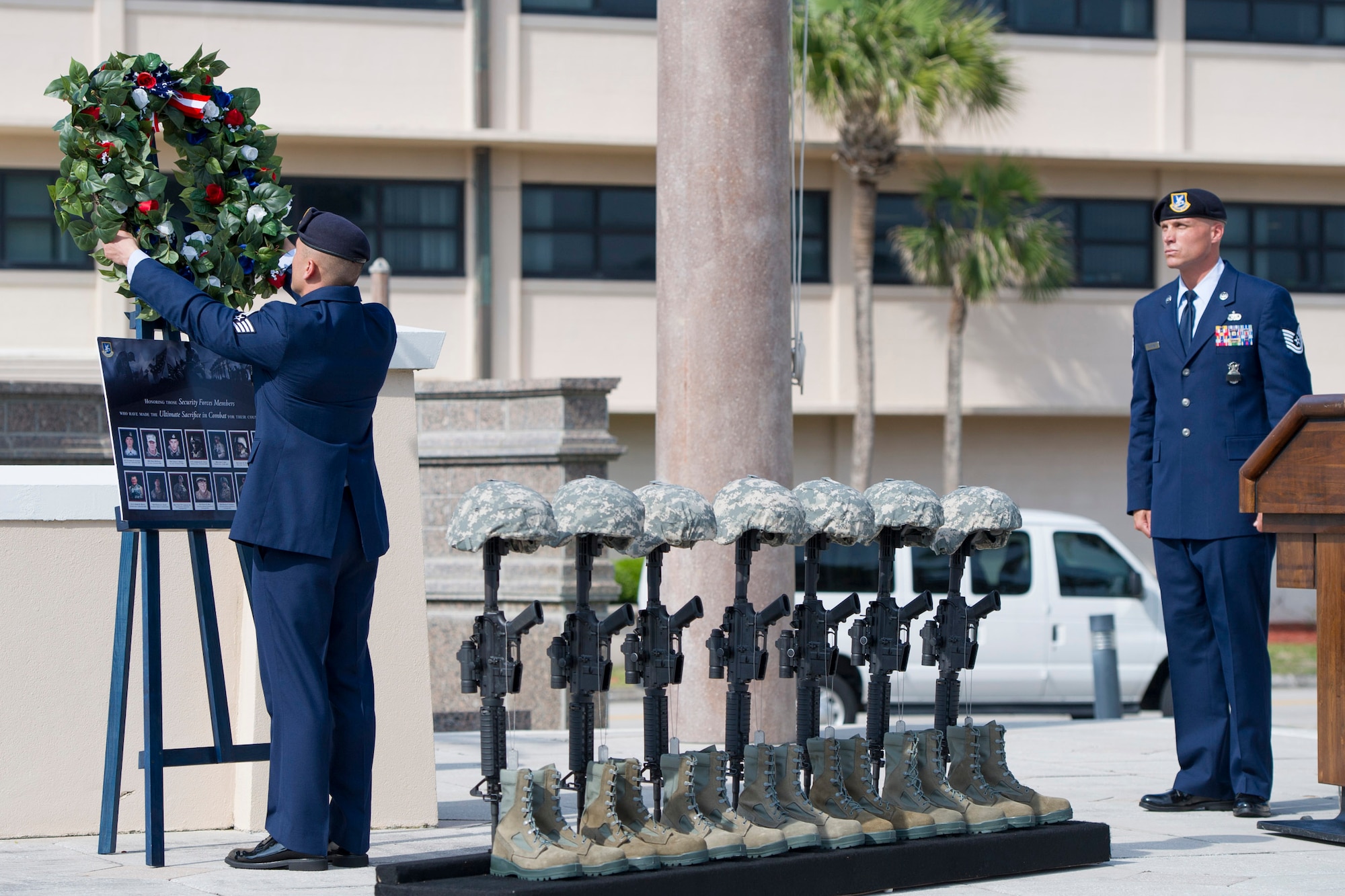 The 45th Security Forces Squadron honored all law enforcement and first responders who have made the ultimate sacrifice during the National Police Week Opening and Fallen Heroes Ceremony May 16, 2016, at Patrick Air Force Base, Fla. This year’s National Police Week dates are held May 15-21, 2016. A SFS Open House is scheduled for May 18, which includes a Military Working Dog demonstration. Guests can also see the holding cells, dispatch center, mobile command post, weapons display, and patrol vehicle from 2-4 p.m. in building 1319. The open house is open to those with a valid DOD identification card. Additionally, a Wing Run is slated for May 20 at 7 a.m. at the WarFit Field. All members have the option to complete a 2-mile or 5K ruck march instead of 5K run. For more information, call (321) 494-6949/6270. (U.S. Air Force photos/Matthew Jurgens/Released)