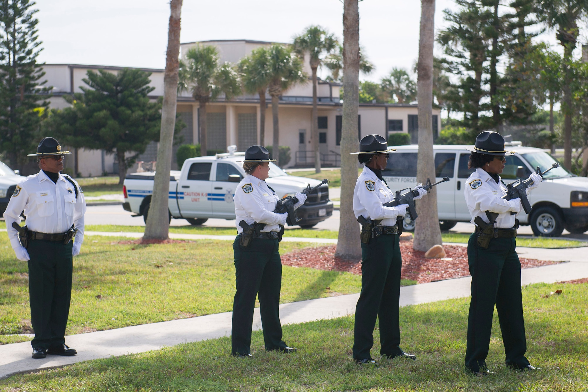 The 45th Security Forces Squadron honored all law enforcement and first responders who have made the ultimate sacrifice during the National Police Week Opening and Fallen Heroes Ceremony May 16, 2016, at Patrick Air Force Base, Fla. This year’s National Police Week dates are held May 15-21, 2016. A SFS Open House is scheduled for May 18, which includes a Military Working Dog demonstration. Guests can also see the holding cells, dispatch center, mobile command post, weapons display, and patrol vehicle from 2-4 p.m. in building 1319. The open house is open to those with a valid DOD identification card. Additionally, a Wing Run is slated for May 20 at 7 a.m. at the WarFit Field. All members have the option to complete a 2-mile or 5K ruck march instead of 5K run. For more information, call (321) 494-6949/6270. (U.S. Air Force photos/Matthew Jurgens/Released)