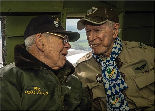 1st Lt. William Prindible and 2nd Lt. Julian Rice flew airdrop missions during the invasion of Normandy at a very young age. The pair both joined the Army Air Forces in 1942 and were stationed in Sicily, Italy with the 37th Troop Carrier Squadron. (U.S. Air Force photo by Airman 1st Class Jordan Castelan) 