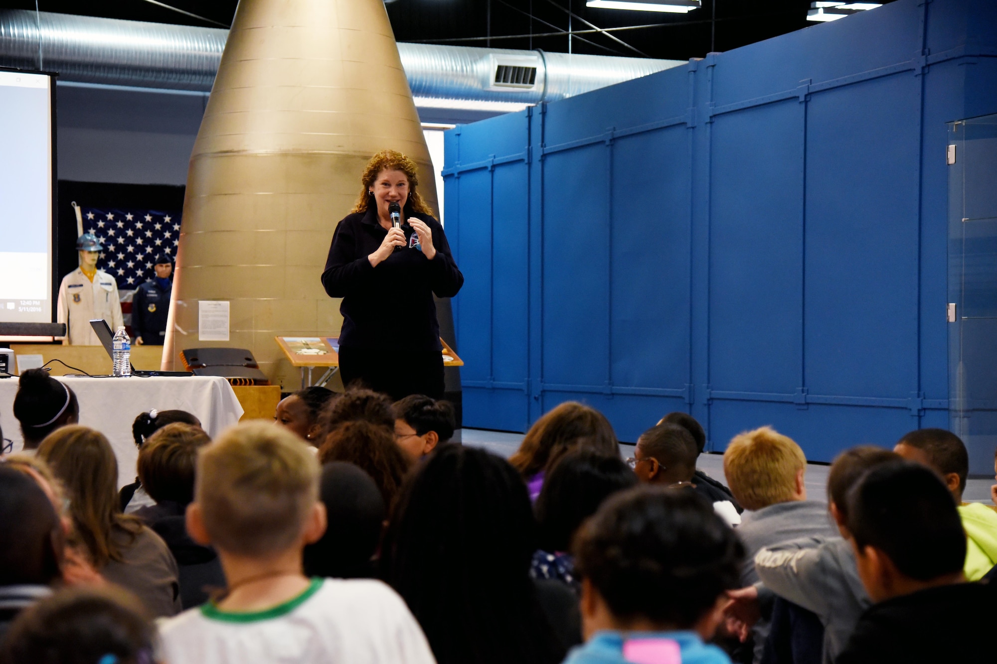 Retired Lt. Gen. Susan Helms, former astronaut and 14th Air Force commander, answers student’s questions at the Starbase Academy on May 11, 2016. Starbase Academy hosts fifth graders from local elementary schools in a five-day learning program teaching them advanced science, technology, engineering and mathematics. (U.S. Air Force photo by Airman 1st Class Dennis Hoffman)