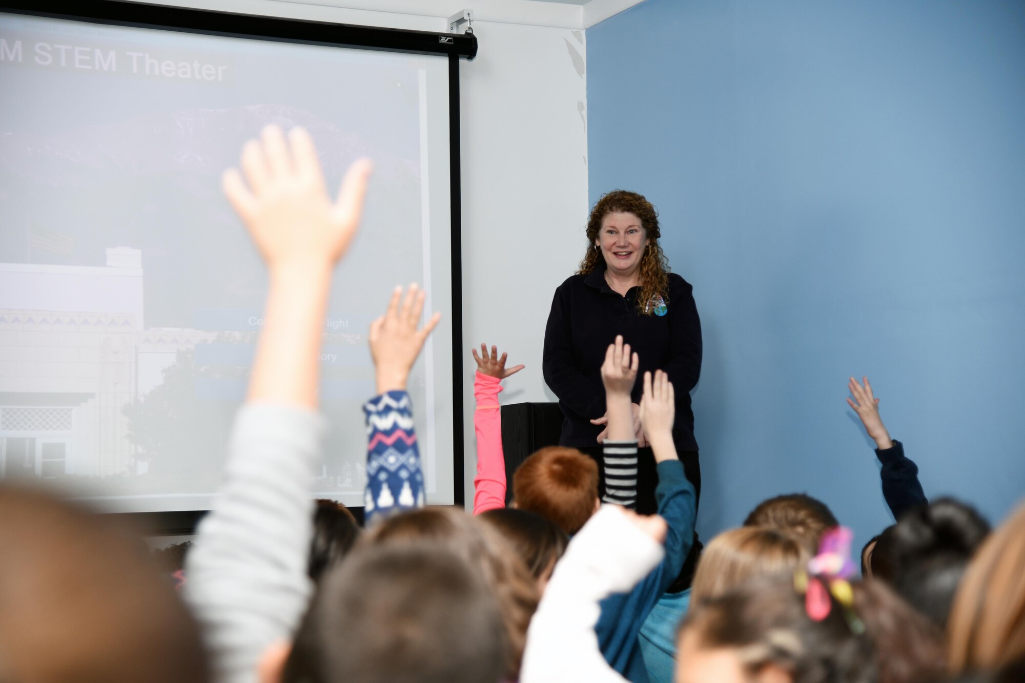 Retired Lt. Gen. Susan Helms, former astronaut and 14th Air Force commander, answers student’s questions at the Starbase Academy on May 11, 2016. Starbase Academy hosts fifth graders from local elementary schools in a five-day learning program teaching them advanced science, technology, engineering and mathematics. (U.S. Air Force photo by Airman 1st Class Dennis Hoffman)