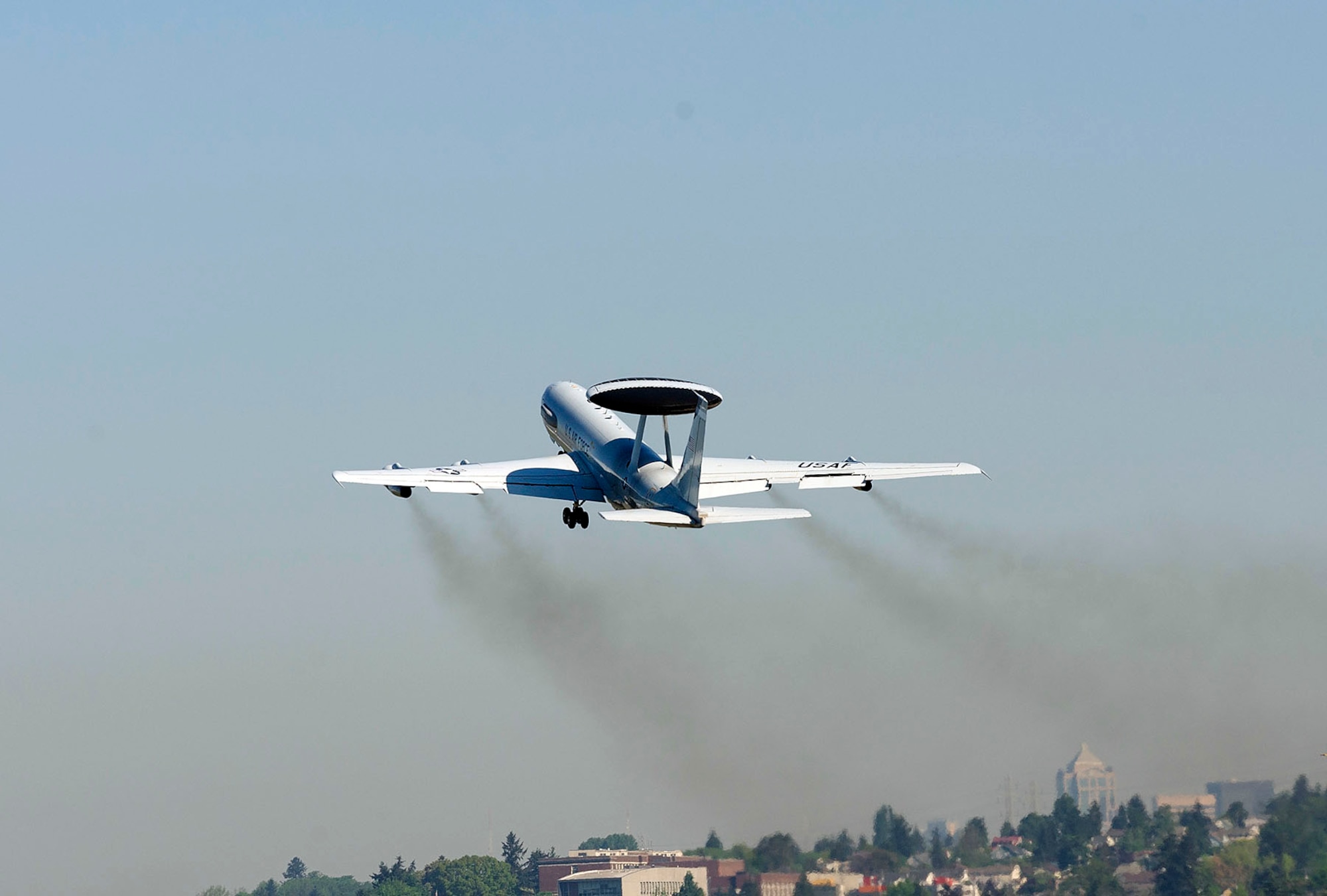 An E-3 Sentry (AWACS), with an upgraded Flight Management System Suite, takes off for a test flight in Kent, Wash., April 20, 2016. The upgrades, being managed by a program office at Hanscom Air Force Base, Mass., eliminate diminishing manufacturing source issues, ensure compliance with current and future air traffic control requirements, and automate the navigation function, allowing for a reduction in cockpit crew from four to three. (Photo courtesy of Boeing)