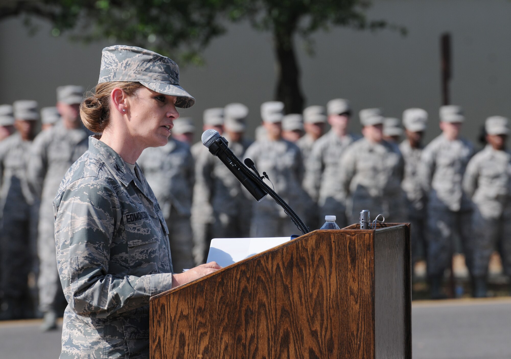 Col. Michele Edmondson, 81st Training Wing commander, delivers opening remarks during the Lt. Samuel Reeves Keesler, Jr. Memorial Retreat Ceremony May 13, 2016, Keesler Air Force Base, Miss. The event was held in honor of Lt. Keesler’s date of entry into the Army Air Service 99 years ago. The retreat ceremony is part of a year-long celebration of Lt. Keesler, a Mississippi native and WORLD WAR I hero, and the 75th anniversary of the opening of the base. (U.S. Air Force photo by Kemberly Groue)