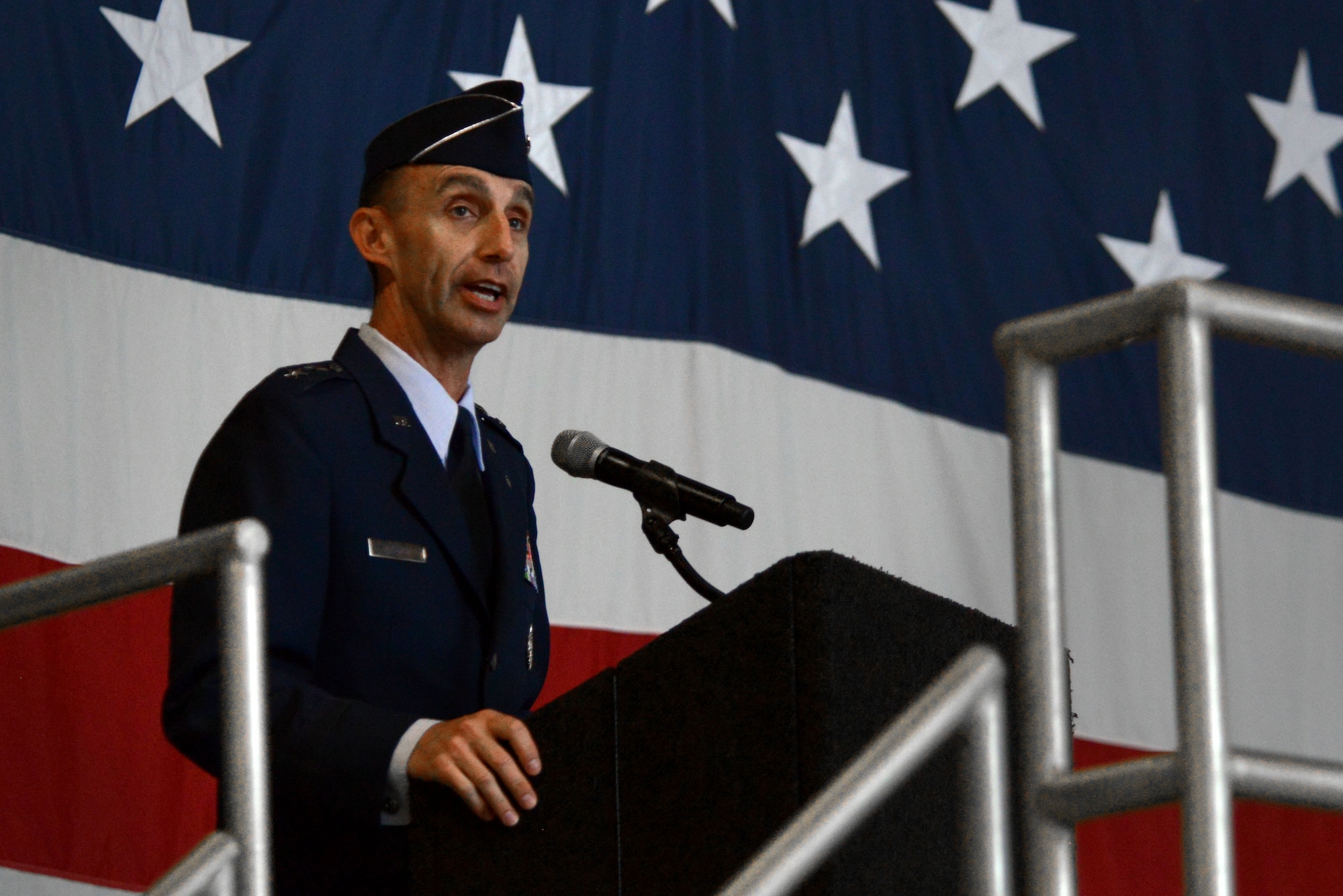 U.S. Air Force Maj. Gen. Scott Zobrist, new Ninth Air Force commander, addresses a group of Airmen, Soldiers, and community leaders during a change of command ceremony at Shaw Air Force Base, S.C., May 17, 2016. Maj. Gen. Mark Kelly relinquished command of the Ninth Air Force to Zobrist. (U.S. Air Force photo by Airman 1st Class Kelsey Tucker)