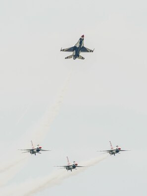 The U.S. Air Force Precision Flying Demonstration Team – The Thunderbirds – arrive at Shaw Air Force Base, S.C., May 17, 2016. The Thunderbirds came to Shaw to participate in the 2016 Shaw Air Expo and open house, “Thunder Over the Midlands,” a free air show scheduled for May 21-22. (U.S. Air Force by Senior Airman Jensen Stidham)