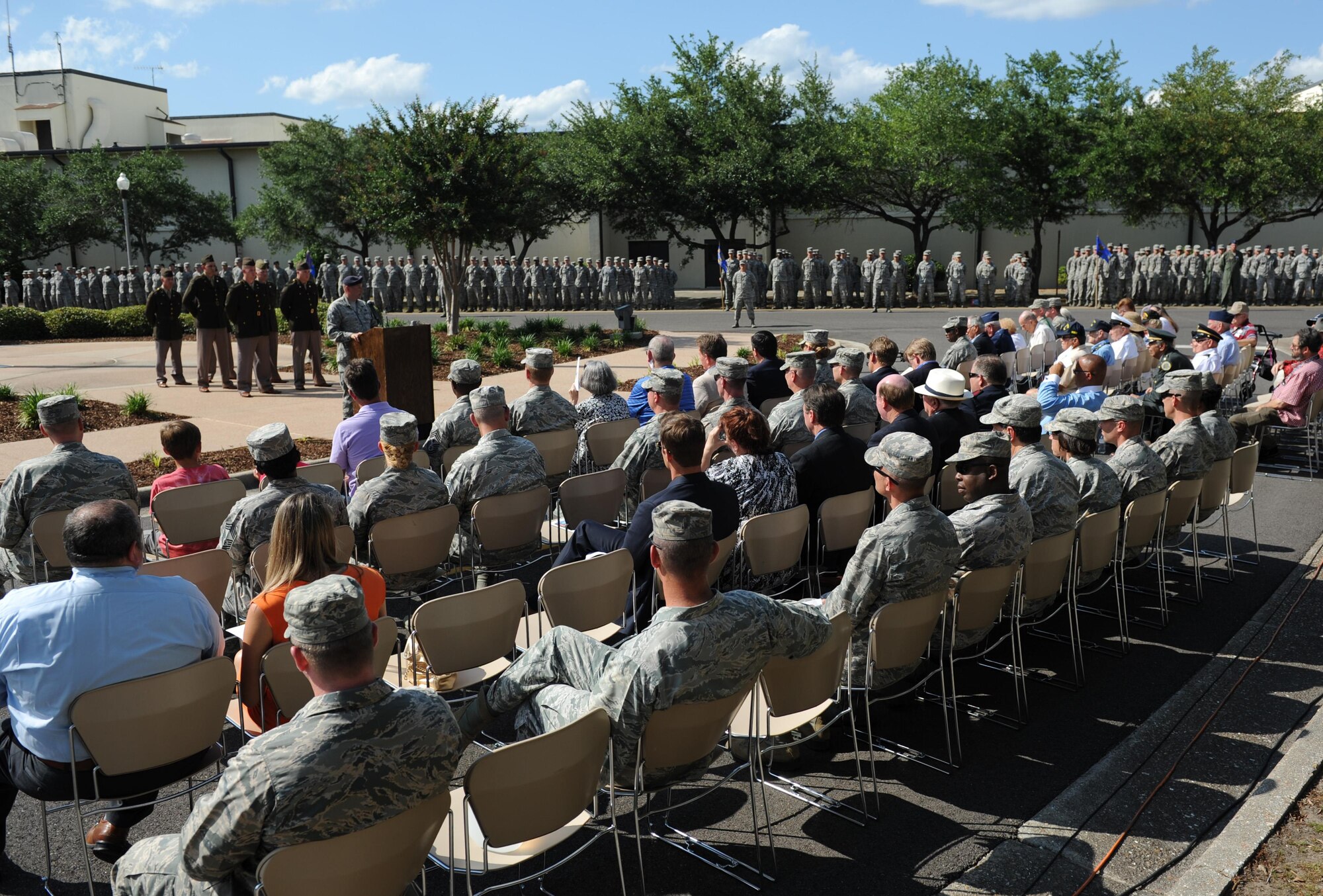 Master Sgt. Jeffery Thatcher, 81st Security Forces Squadron standardizations and evaluations superintendent, serves as the narrator during the Lt. Samuel Reeves Keesler, Jr. Memorial Retreat Ceremony May 13, 2016, Keesler Air Force Base, Miss. The event was held in honor of Lt. Keesler’s date of entry into the Army Air Service 99 years ago. The retreat ceremony is one part of a year-long celebration of Lt. Keesler, a Mississippi native and WORLD WAR I hero, and the 75th anniversary of the opening of the base. (U.S. Air Force photo by Kemberly Groue)
