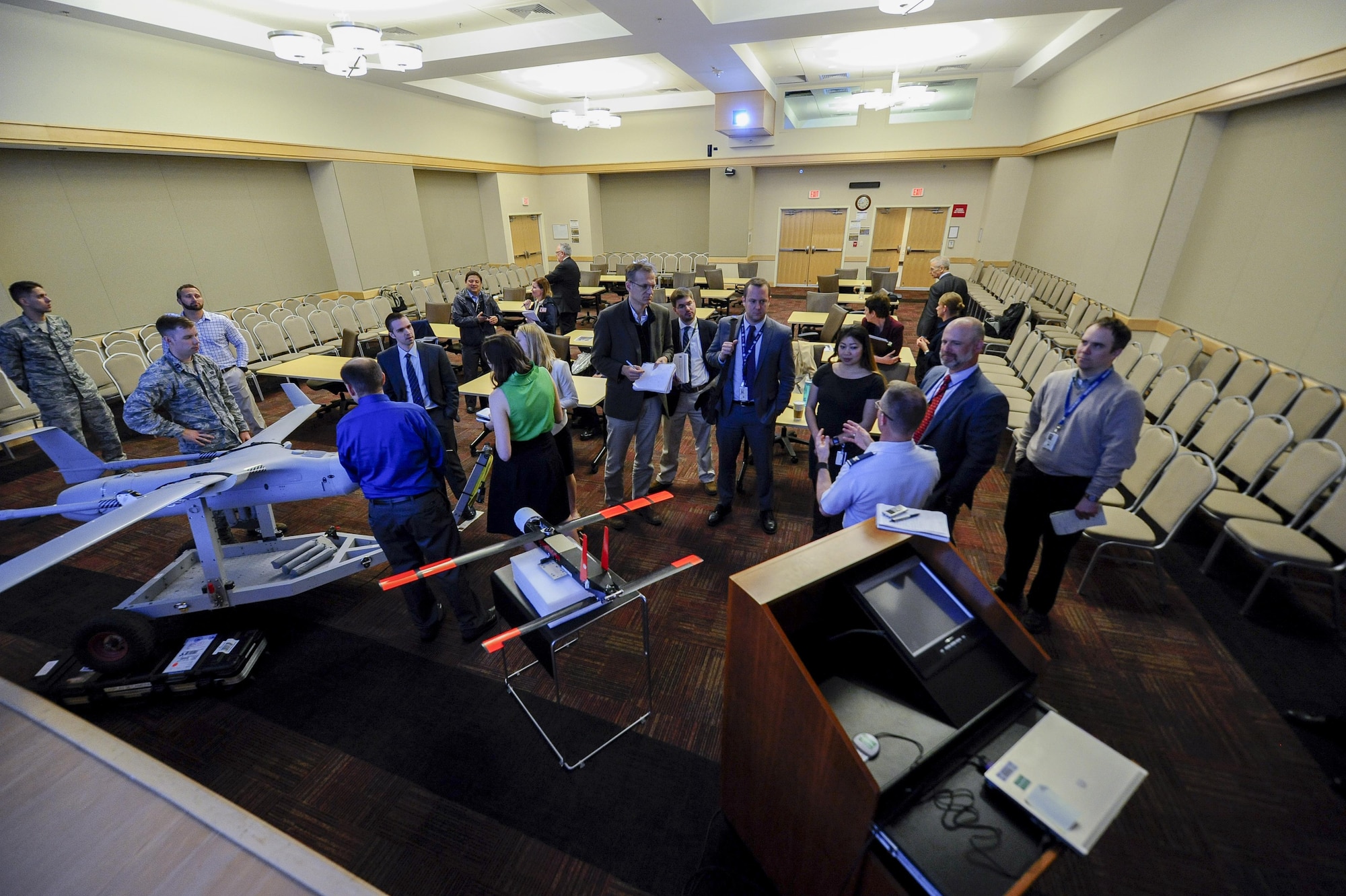 Col. Brandon Baker, the director of intelligence, surveillance and reconnaissance capabilities, answers questions from the media after the release of the Small Unmanned Aircraft System Flight Plan at the Pentagon Conference Center May 17, 2016, in Washington, D.C. Integration of SUAS into operations across all domains and levels of warfare will increase the Air Force’s ability to meet emerging requirements of combatant commanders. (U.S. Air Force photo/Tech. Sgt. Anthony Nelson Jr.)