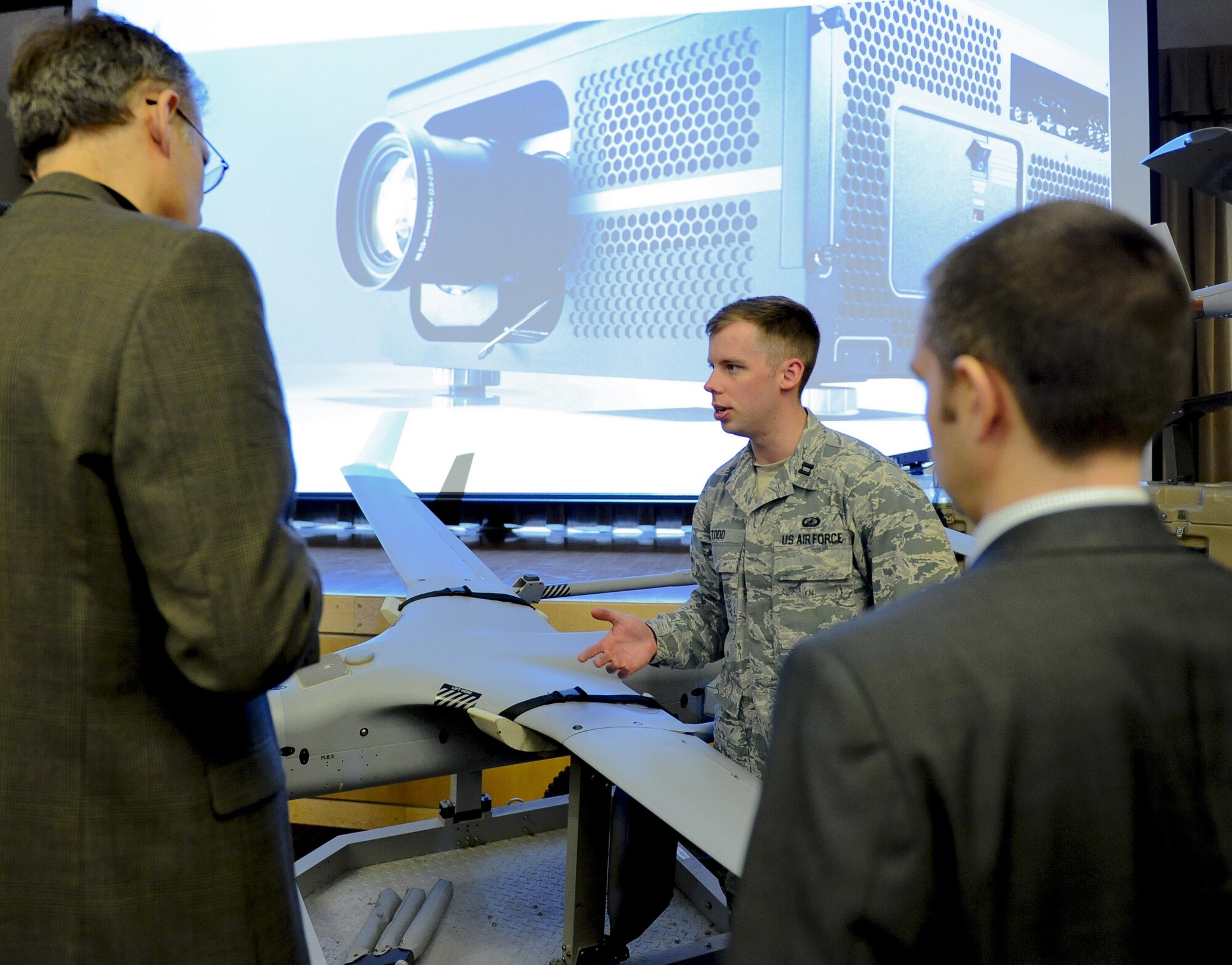 Capt. Lee M. Todd, an engineer at the Air Force Research Laboratory, briefs media during the release of the Small Unmanned Aircraft System Flight Plan at the Pentagon Conference Center May 17, 2016, in Washington, D.C. Integration of SUAS into operations across all domains and levels of warfare will increase the Air Force’s ability to meet emerging requirements of combatant commanders. (U.S. Air Force photo/Tech. Sgt. Anthony Nelson Jr.)