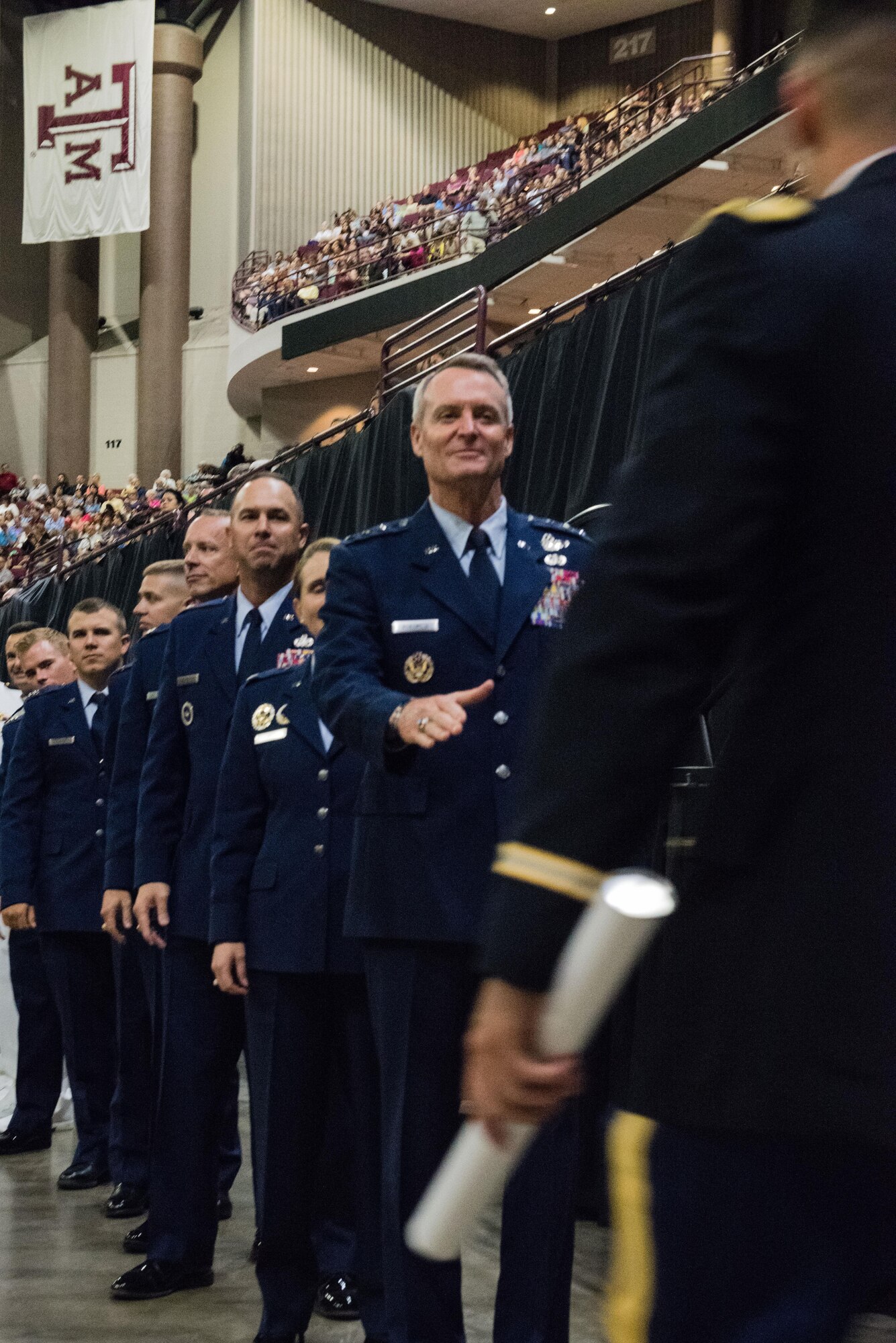 Newly commissioned Air Force, Army, Marine Corps, and Navy officers from across all of Texas A&M’s ROTC programs May 13 during the commissioning ceremony at Texas A&M at College Station, Texas.  Texas A&M’s Corps of Cadets is the largest of six senior military colleges in the United States.   