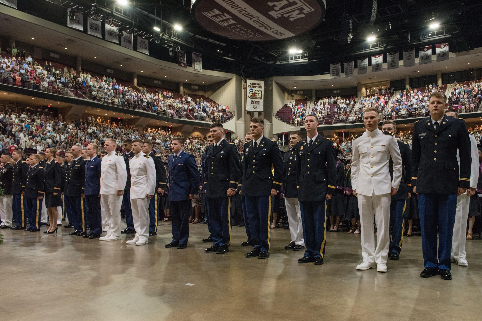 Newly commissioned Air Force, Army, Marine Corps, and Navy officers from across all of Texas A&M’s ROTC programs May 13 during the commissioning ceremony at Texas A&M at College Station, Texas.  Texas A&M’s Corps of Cadets is the largest of six senior military colleges in the United States.   