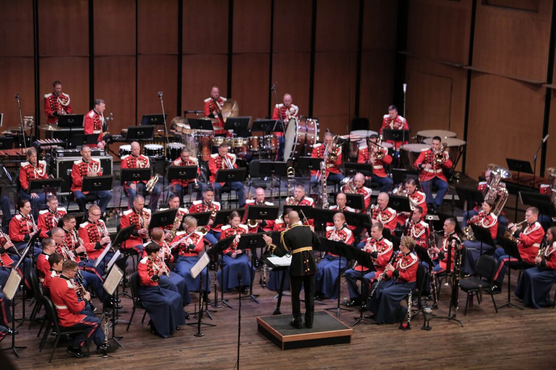 On May 15, 2016, the Marine Band presented a concert titled “Picture Studies” at the Rachel M. Schlesinger Concert Hall and Arts Center in Alexandria, Va. The program included David Conte’s A Copland Portrait, Ottorino Resphigi’s Huntingtower Ballad, Adam Schoenberg’s Picture Studies, Joel Puckett’s It perched for Vespers nine, and Dmitri Shostakovich’s Suite from The Gadfly. (U.S. Marine Corps photo by Staff Sgt. Rachel Ghadiali/released)