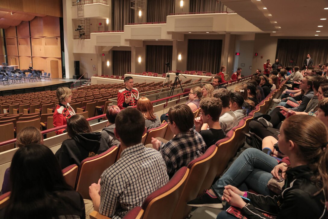 On May 15, 2016, the Marine Band presented a concert titled “Picture Studies” at the Rachel M. Schlesinger Concert Hall and Arts Center in Alexandria, Va. Following the concert, Marine Band musicians met with a high school band for a post-concert chat (U.S. Marine Corps photo by Staff Sgt. Rachel Ghadiali/released)