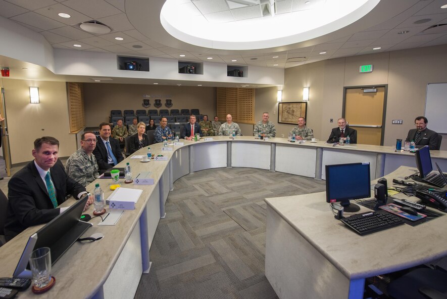 Defense Secretary Ashton Carter visits the Joint Interagency Combined Space Operations Center at Schriever Air Force Base, Colorado, Thursday, May, 12, 2016. Gen. John Hyten, commander of Air Force Space Command, and Adm. Cecil Haney, U.S. Strategic Command commander, also visited the installation. The center provides the Department of Defense and the intelligence community with a robust test and experimentation environment to better integrate our space operations in response to threats and afford unity of effort between diverse space communities. (U.S. Air Force photo/Christopher DeWitt)