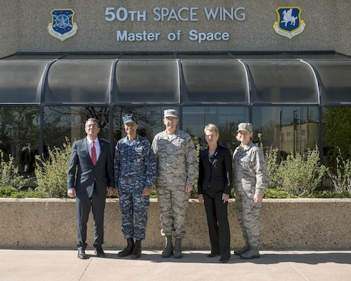 Defense Secretary Ashton Carter visits Schriever Air Force Base, Colorado, Thursday, May, 12, 2016. Gen. John Hyten, commander of Air Force Space Command, and Adm. Cecil Haney, U.S. Strategic Command commander, as well as Betty Sapp, National Reconnaissance Office director, also visited the installation to view the Joint Interagency Combined Space Operations Center. Col. DeAnna Burt, 50th Space Wing commander, hosted the leadership. (U.S. Air Force photo/Christopher DeWitt)