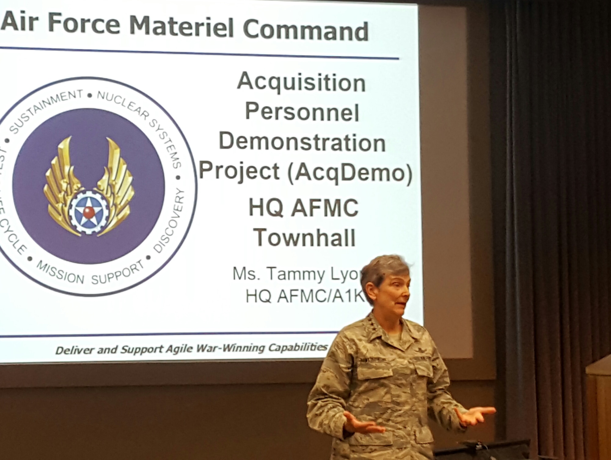 Gen. Ellen Pawlikowski, AFMC commander, speaks at an AcqDemo town hall meeting at AFMC headquarters on May 12, 2016. Town hall meetings and informational sessions are being held at AFMC centers and complexes for some 13,000 AFMC employees who will transition to the AcqDemo pay system on June 12, 2016. (U.S. Air Force photo/Stacey Geiger)