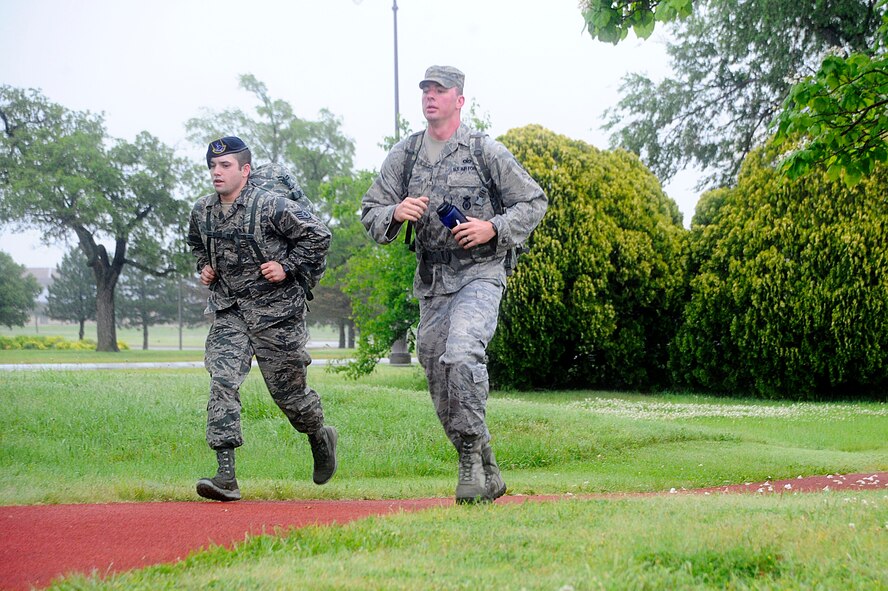 22nd Security Forces members participate in a ruck march, May 16, 2016, at McConnell Air Force Base, Kan. The march was in remembrance of fallen security forces members and kicked off the beginning of Police Week. (U.S. Air Force photo/Airman 1st Class Jenna K. Caldwell)