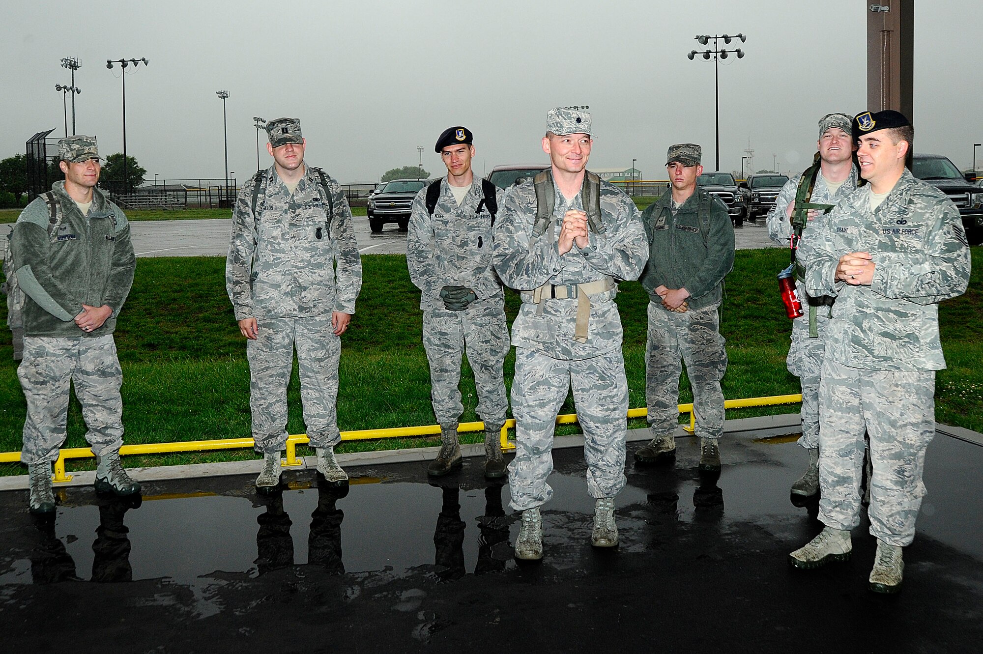 Lt. Col. Robert Clouse, 22nd Security Forces commander, speaks to Airmen before a ruck march, May 16, 2016, at McConnell Air Force Base, Kan. The march was in remembrance of fallen security forces members and kicked off the beginning of Police Week. (U.S. Air Force photos/Airman 1st Class Jenna K. Caldwell)