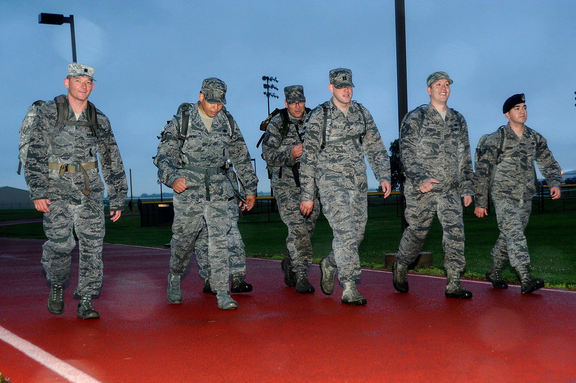 22nd Security Forces members participate in a ruck march, May 16, 2016, at McConnell Air Force Base, Kan. The march was in remembrance of fallen security forces members and kicked off the beginning of Police Week. (U.S. Air Force photo/Airman 1st Class Jenna K. Caldwell)