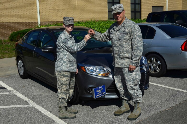 Col. Matthew Benivegna, 22nd Mission Support Group commander, right, turns in the keys to his personal government vehicle over to Senior Airman Kimberly Nieland, 22nd Logistics Readiness Squadron lead management and analysis journeyman, May 10, 2016, at McConnell Air Force Base, Kan. Each vehicle has a seven-year lease and costs approximately $160-a-month, costing $14,000 overall and it that doesn’t include the service required to keep them running. (U.S. Air Force photo/Airman 1st Class Christopher Thornbury)
