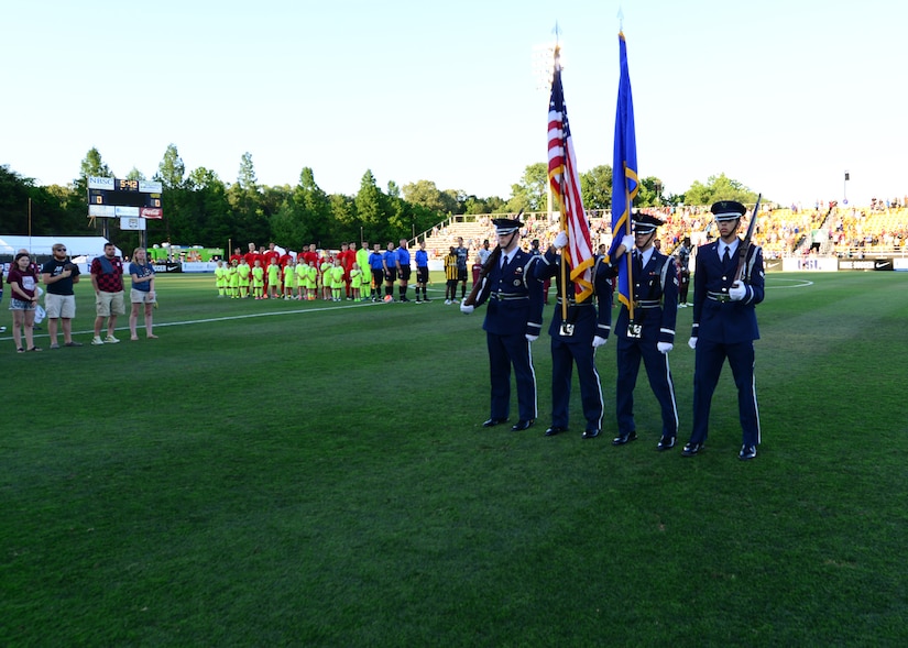 The Joint Base Charleston Honor Guard participated in military appreciation night during the Charleston Battery Soccer game May 14, 2016, Charleston, S.C. The Charleston Battery  cruised past Toronto FCII in a 2-0 victory. (U.S. Navy Photo by Mass Communication Specialist 1st Class Sean M. Stafford/Released)