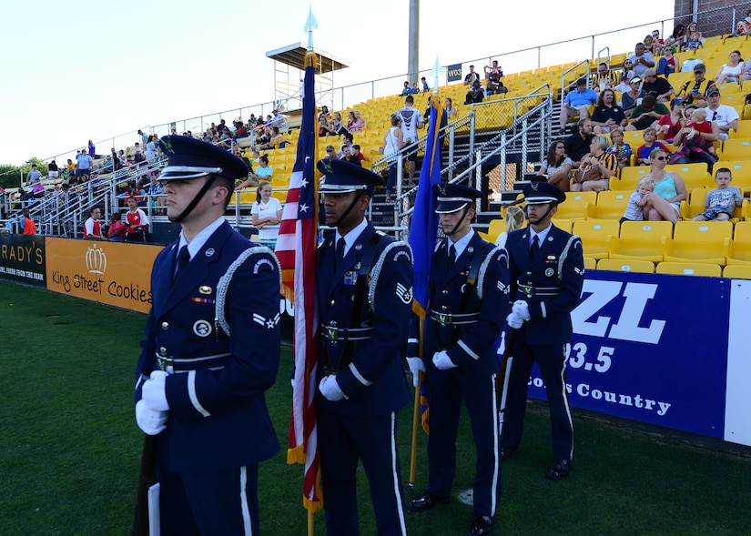 The Joint Base Charleston Honor Guard participated in military appreciation night during the Charleston Battery Soccer game May 14, 2016, Charleston, S.C. The Charleston Battery  cruised past Toronto FCII in a 2-0 victory. (U.S. Navy Photo by Mass Communication Specialist 1st Class Sean M. Stafford/Released)