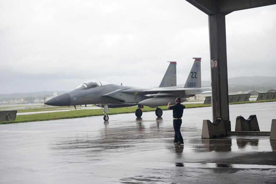 An F-15 Eagle assigned to the 67th Fighter Squadron returns home after a six-week temporary duty assignment May 16, 2016, at Kadena Air Base, Japan. The F-15s were participating in the Weapons Systems Evaluation Program at Tyndall Air Force Base, Florida, and exercise RED FLAG-Alaska at Eielson Air Force Base. The exercises are a series of Pacific Air Forces commander-directed field trainingopportunities for U.S. and partner nation forces, providing combined offensive counter-air, interdiction, close air support and large force employment training in a simulated combat environment. The F-15 Eagle is an all-weather, extremely maneuverable, tactical fighter designed to permit the Air Force to gain and maintain air supremacy over the battlefield. (U.S. Air Force photo by Senior Airman Stephen G. Eigel)