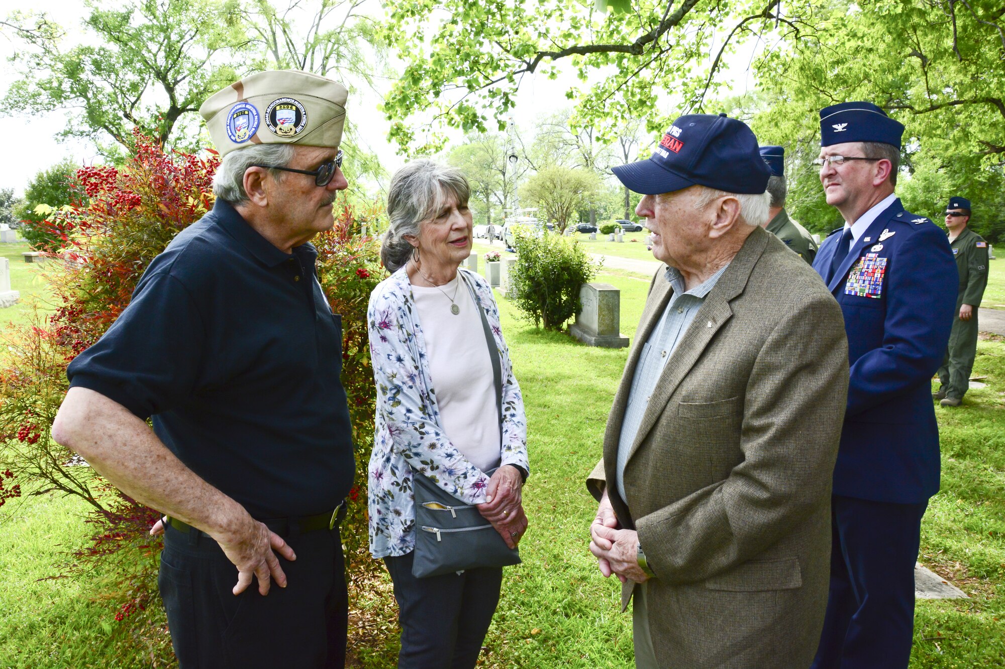 Ricardo Herrera, Cuban Bay of Pigs Prisoner of War talks with retired Alabama Air National Guard members who were involved with the Bay of Pigs invasion during an annual ceremony at the gravesite of Thomas “Pete” Ray who was killed during the Bay of Pigs invasion as Lt. Col.Michael Metcalf laid a wreath in his honor. . (U.S. Air National Guard photo by: Senior Master Sgt. Ken Johnson/Released)