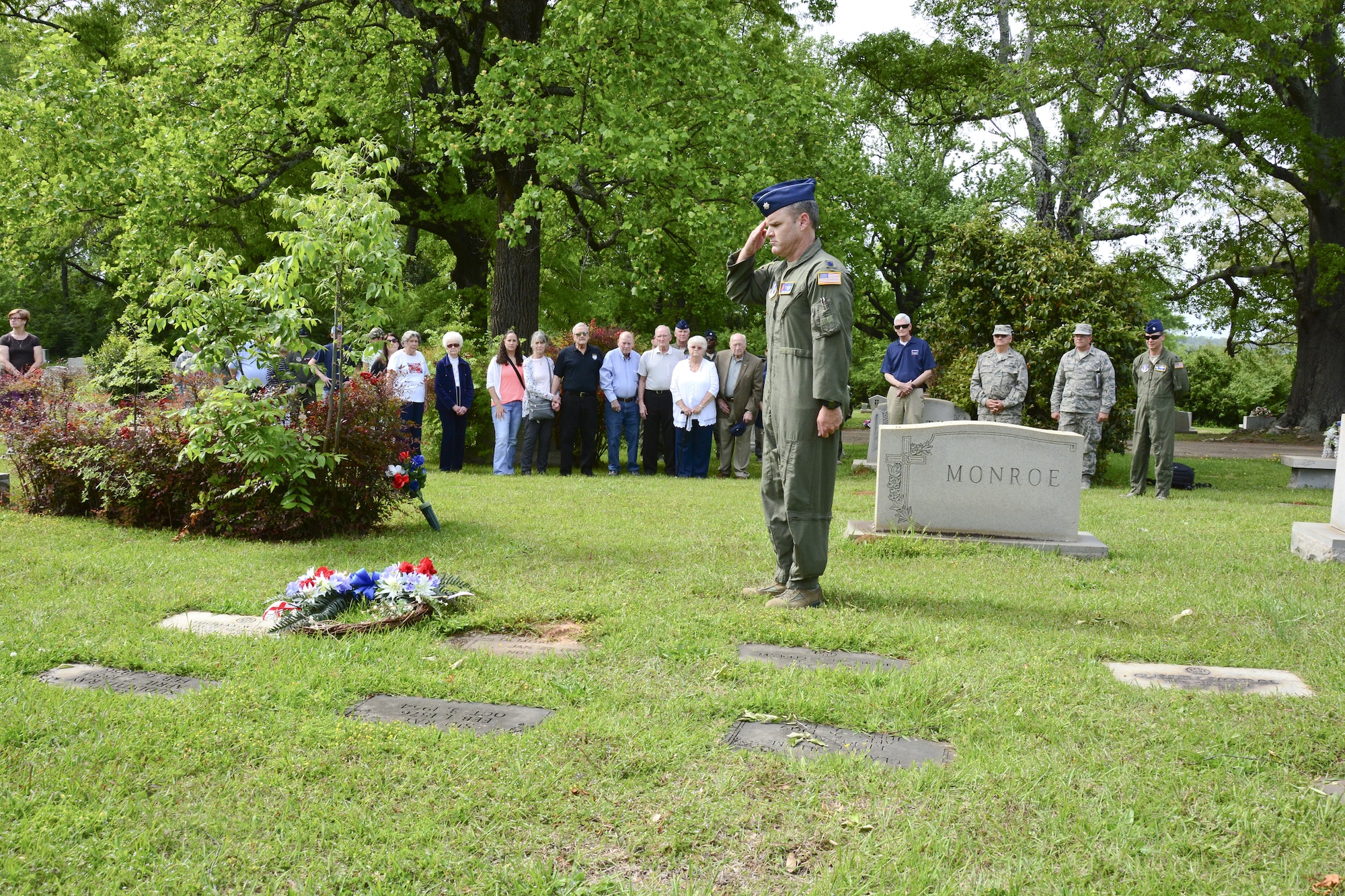 Members from the 117th Air Refueling Wing conduct an annual ceremony at the gravesite of Thomas “Pete” Ray as Lt. Col.Michael Metcalf laid a wreath in his honor. . (U.S. Air National Guard photo by: Senior Master Sgt. Ken Johnson/Released)