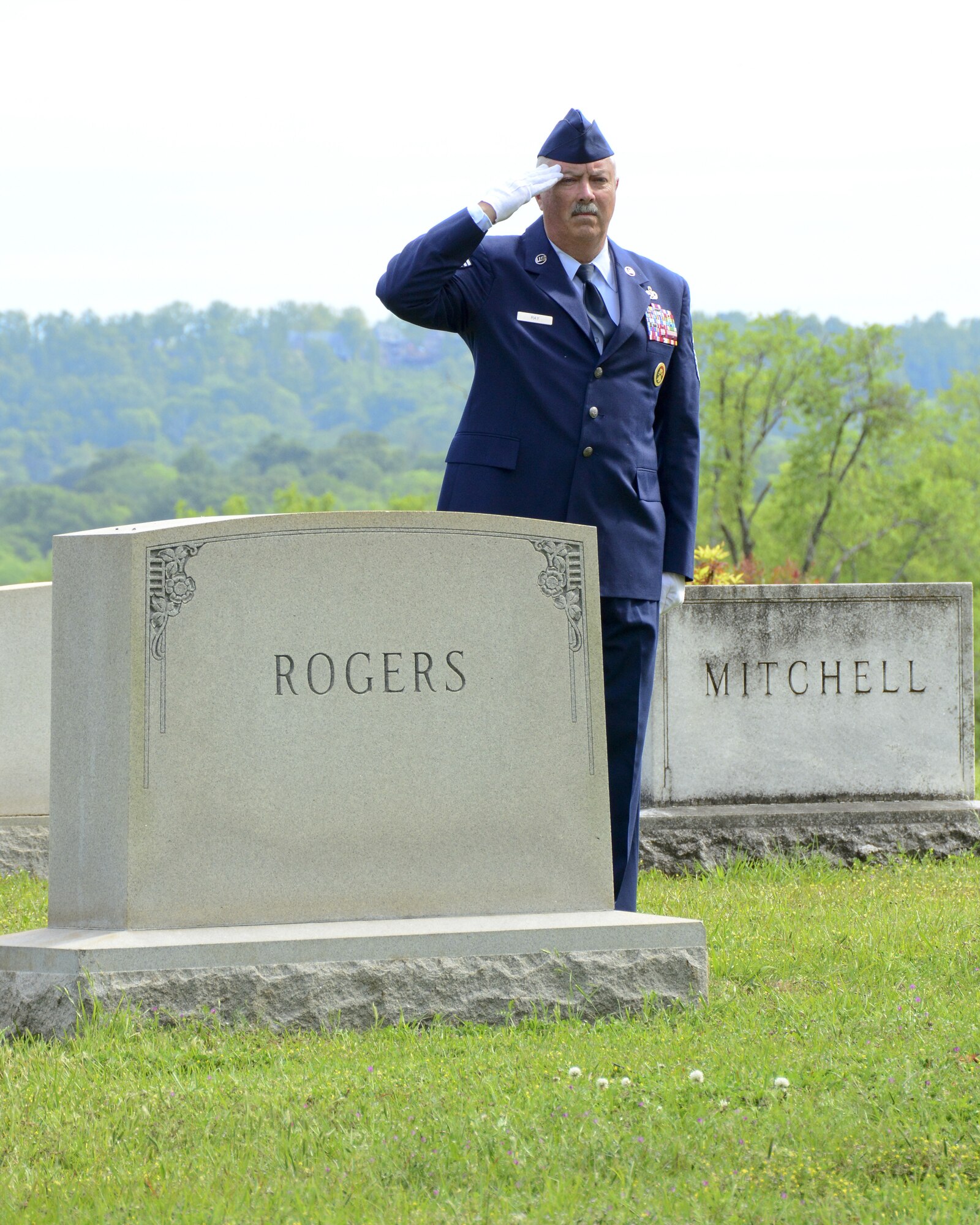 Honor Guard from the 117th Air Refueling wing conducts rifle salute during an annual ceremony at the gravesite of Thomas “Pete” Ray as Lt. Col.Michael Metcalf laid a wreath in his honor. (U.S. Air National Guard photo by: Senior Master Sgt. Ken Johnson/Released)