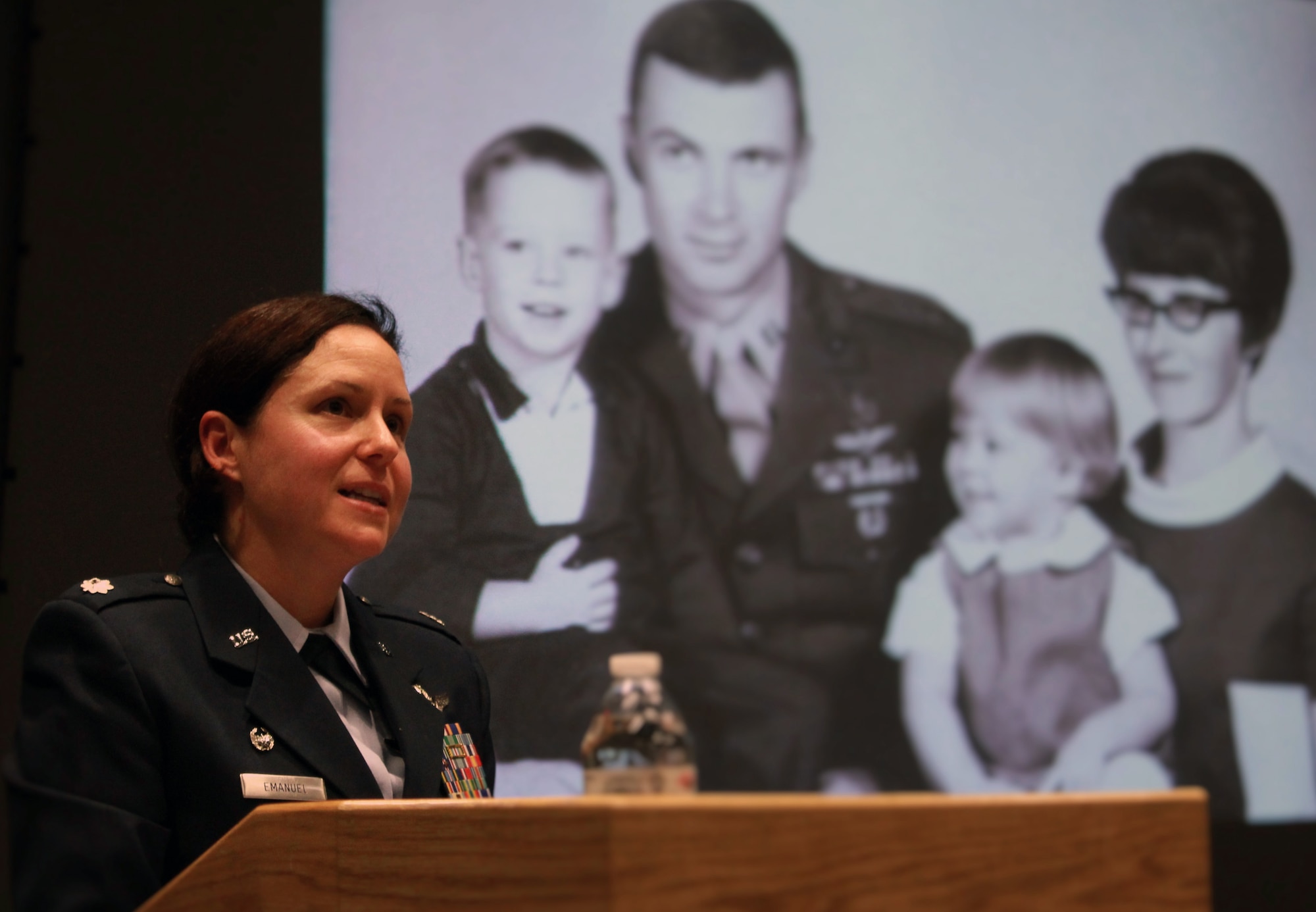 U.S. Air Force Lt. Col Amy-Lou Emanuel Bassett shares her family's military history during a change of command ceremony at Pease Air National Guard Base, N.H. May 14, 2016. Bassett took command of the 133rd Air Refueling Squadron, part of the 157th Air Refueling Wing. (U.S. Air National Guard photo by Staff Sgt. Kayla Rorick)
