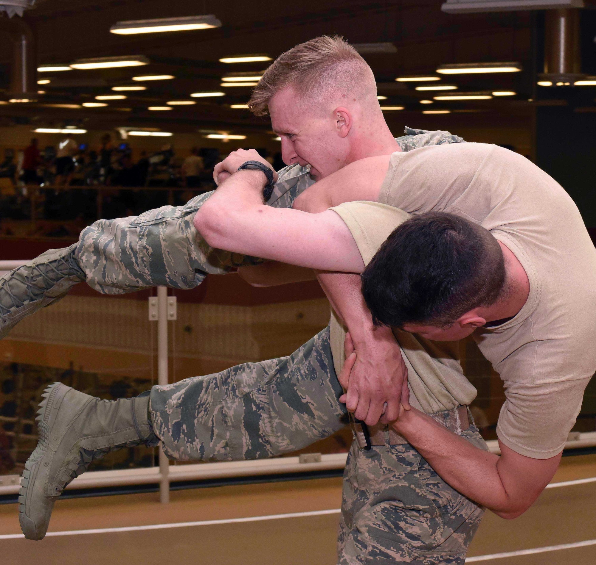 Airman Cameren Miller and Airman 1st Class Cameron Hamilton, both assigned to the 741st Missile Security Forces Squadron, tryout for the base’s Tactical Response Force team May 12, 2016, at Malmstrom Air Force Base, Mont. TRF is an elite rapid response force which is constantly on alert to handle unique situations in the protection of nuclear assets. (U.S. Air Force photo/Senior Airman Jaeda Tookes)