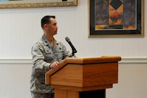U.S. Air Force Lt. Col. Benjamin Jacobson, 8th Security Forces Squadron commander speaks during a National Police Week Memorial Luncheon at Kunsan Air Base, Republic of Korea, on May 16, 2016. Established by a joint resolution of Congress in 1962, National Police Week pays special recognition to those law enforcement officers who have lost their life in a line of duty. (U.S. Air Force photo by Senior Airman Ashley L. Gardner/Released)