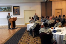 U.S. Air Force Col. Seth Frank, 8th Mission Support Group commander speaks during a National Police Week Memorial Luncheon at Kunsan Air Base, Republic of Korea, on May 16, 2016. Established by a joint resolution of Congress in 1962, National Police Week pays special recognition to those law enforcement officers who have lost their life in a line of duty. (U.S. Air Force photo by Senior Airman Ashley L. Gardner/Released)