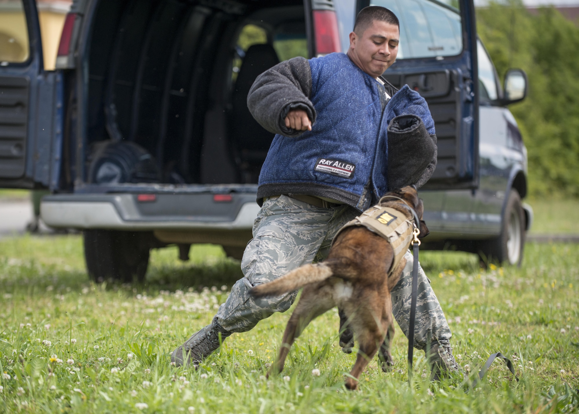 Staff Sgt. Jose Lizardo, 31st Security Force Squadron military working dog handler, and Rocky, 31st SFS MWD, apprehend a suspect during a MWD demonstration during National Police Week May 16, 2016, at Aviano Air Base, Italy. The demo showcased the capabilities of MWDs and their handlers. (U.S. Air Force photo by Airman 1st Class Cory W. Bush/Released)