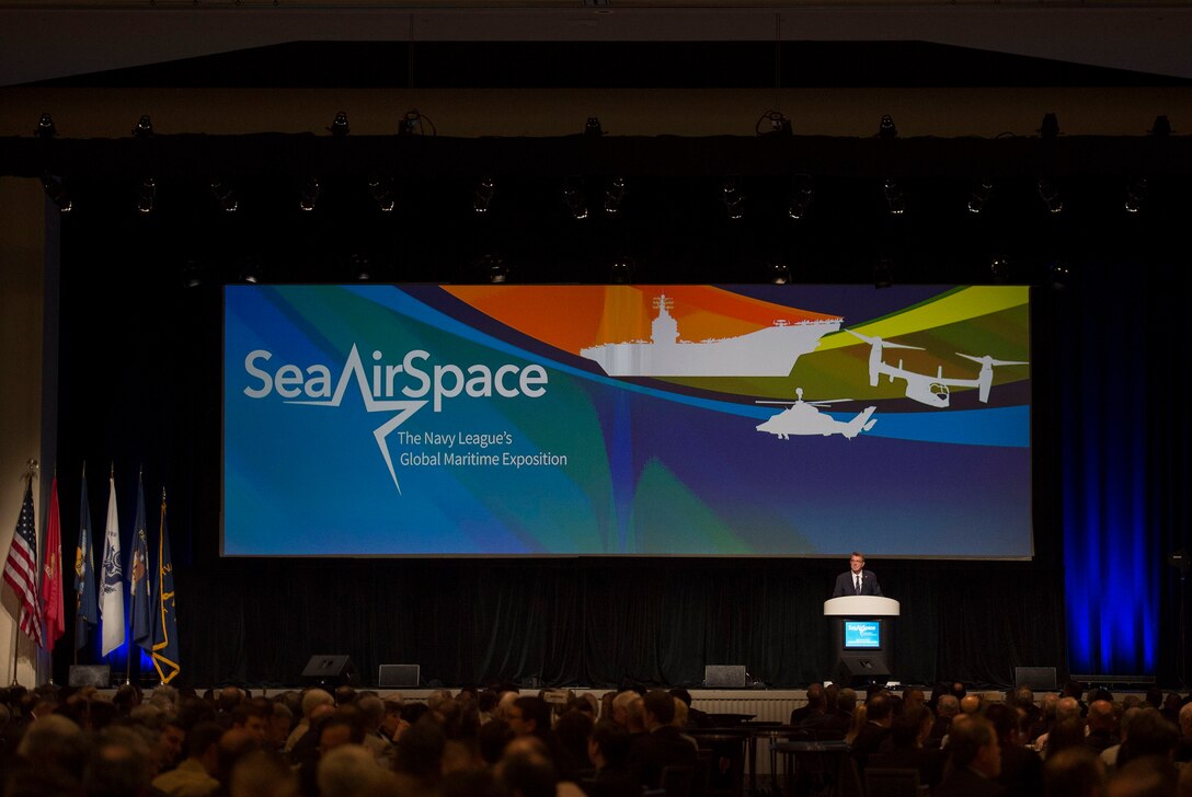 Defense Secretary Ash Carter delivers remarks during the Navy League's Sea-Air-Space Exposition at National Harbor, Md., May 17, 2016. DoD photo by Air Force Senior Master Sgt. Adrian Cadiz