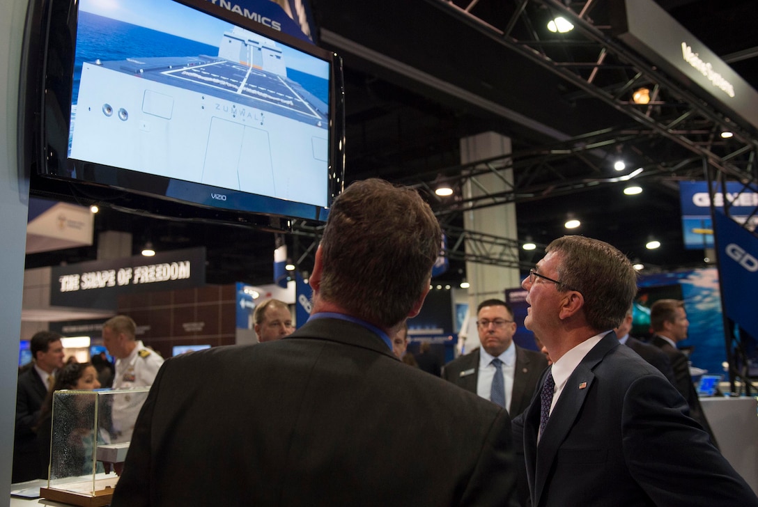 Defense Secretary Ash Carter views an exhibit during the Navy League's Sea-Air-Space Exposition at National Harbor, Md., May 17, 2016. DoD photo by Air Force Senior Master Sgt. Adrian Cadiz