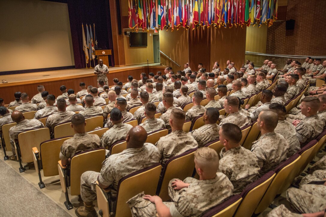 Sergeant Major Ronald L. Green, the 18th Sergeant Major of the Marine Corps, , visits Marines assigned to U.S. Marine Corps Forces Command in Norfolk, VA., May 16, 2016. Green discussed readiness for the Marine Corps and its enlisted members during his address at the Joint Forces Staff College. (U.S. Marine Corps photo by Sgt. Melissa Marnell, Office of the Sergeant Major of the Marine Corps/Released)