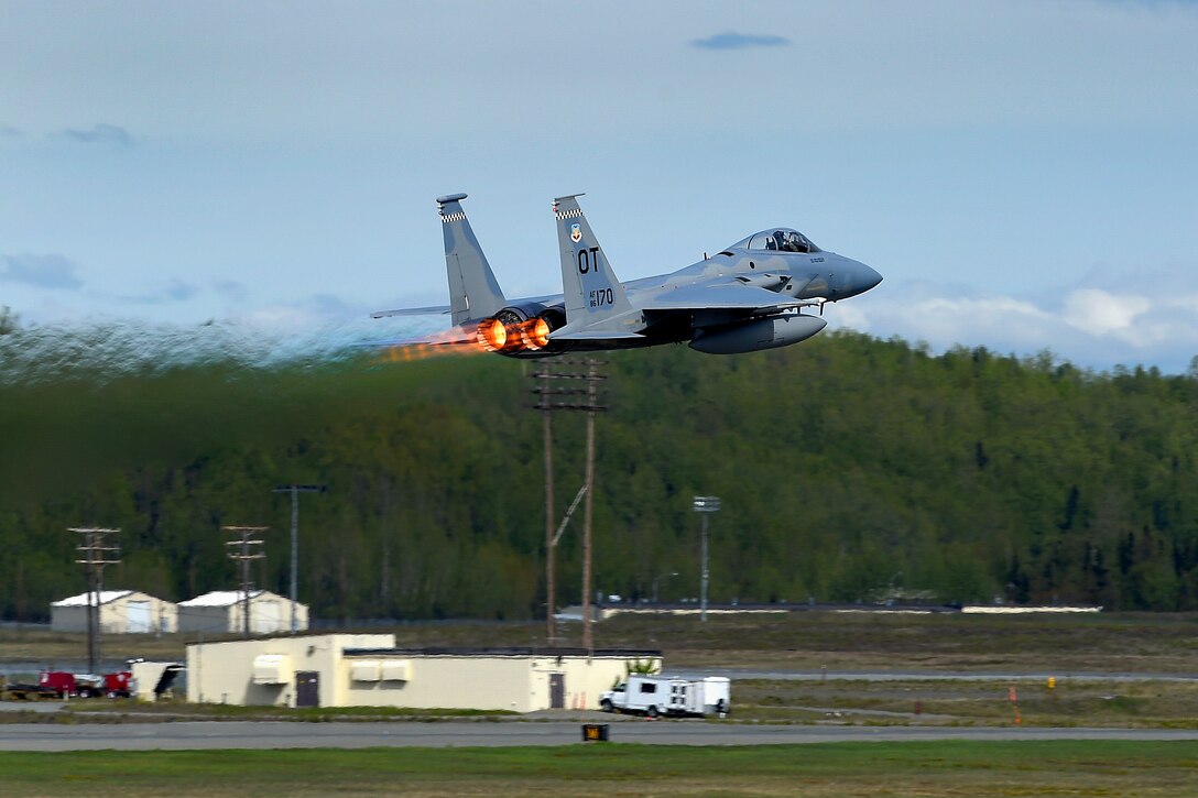 An Air Force F-15 Eagle takes off on a sortie mission during Red Flag 16-1 at Joint Base Elmendorf-Richardson, Alaska, May 10, 2016. Air Force photo by Alejandro Pena