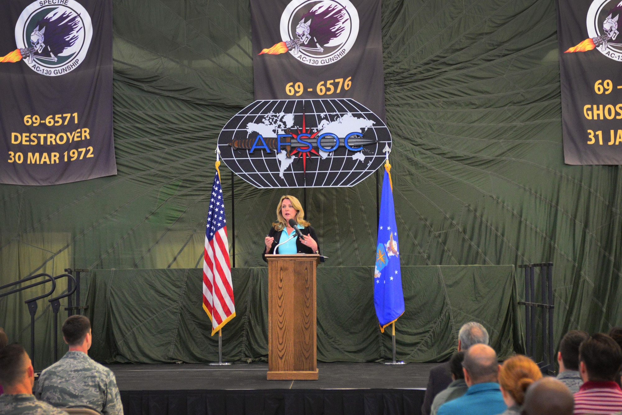 Air Force Secretary Deborah Lee James conducts an all-call with base personnel and members of the local community May 17, 2016, at Cannon Air Force Base, N.M. James toured the wing to gain a deeper understanding of the Air Force Special Operations Command mission, and Cannon’s role in providing Special Operations Forces to the warfighter. (U.S. Air Force photo/Staff Sgt. Alexx Pons)