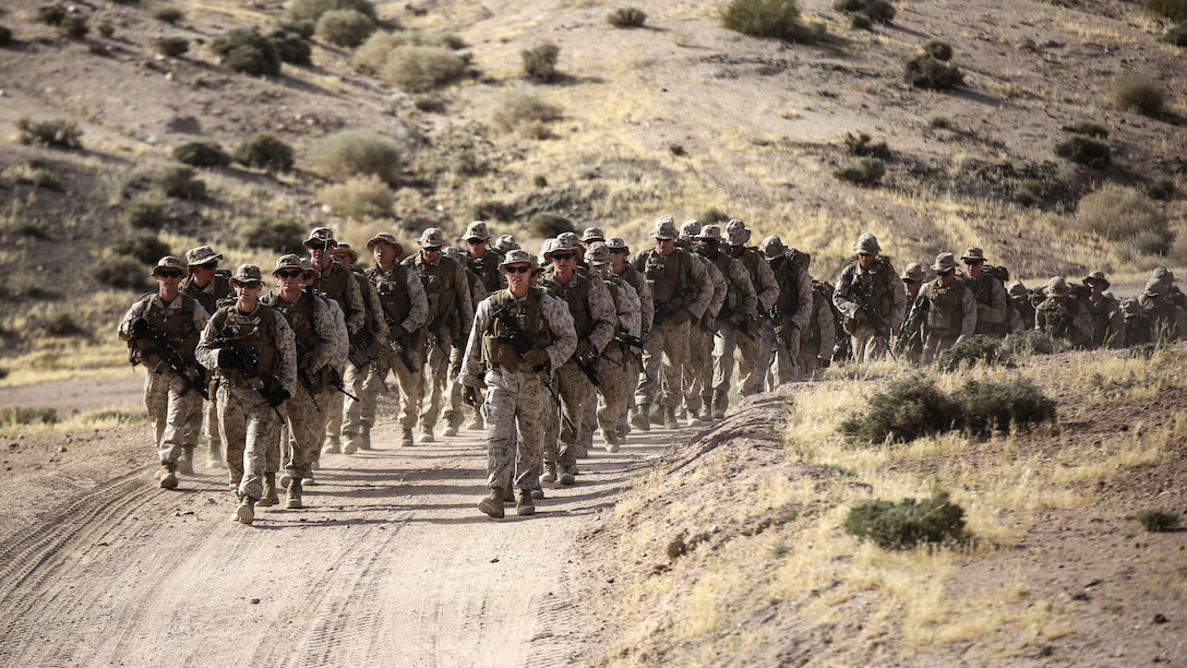 Marines with 1st Battalion, 2nd Marine Regiment, 2nd Marine Division arrive at a training area to conduct squad-level exercises in Al Quweyrah, Jordan, May 14. Eager Lion is a recurring exercise between partner nations designed to strengthen military-to-military relationships, increase interoperability, and enhance regional security and stability. 
