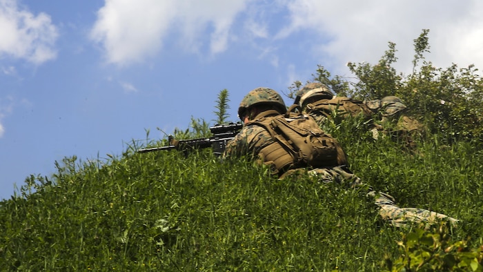 U.S. Marines with Bravo Company, Special Purpose Marine Air-Ground Task Force Crisis Response-Africa, fire downrange as part of their final assault during Platinum Lion 16-3 at the Novo Selo Training Area, Bulgaria, May 14, 2016. Hundreds of troops from five NATO countries came together to train with mechanized assets and demonstrate the ability to work seamlessly as one force. 