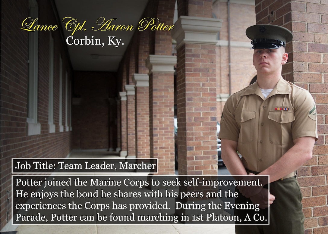 Lance Cpl. Aaron Potter
Corbin, Ky.
Job Title: Team Leader, Marcher
Potter joined the Marine Corps to seek self-improvement. He enjoys the bond he shares with his peers and the experiences the Corps has provided.  During the Evening Parade, Potter can be found marching in 1st Platoon, A Co.
(Official Marine Corps graphic by Cpl. Chi Nguyen/Released)
