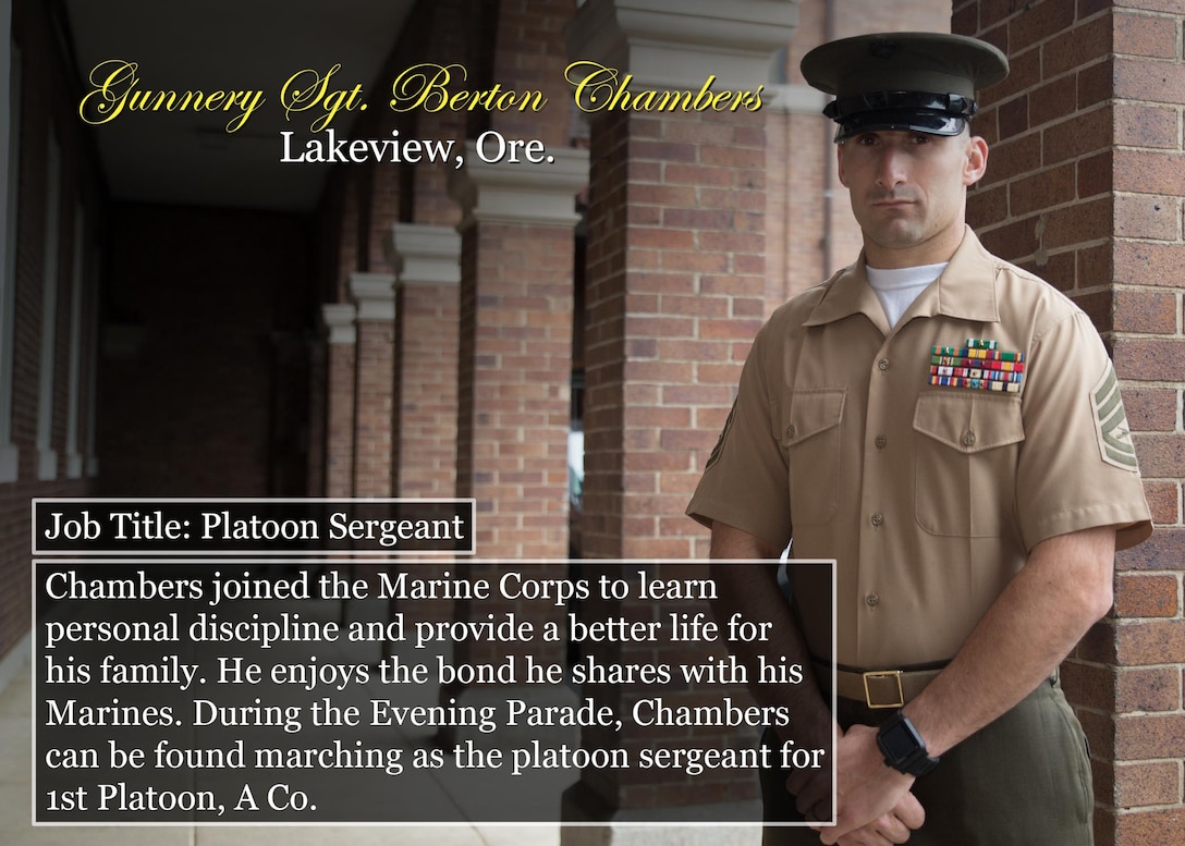 Gunnery Sgt. Berton Chambers
Lakeview, Ore.
Job Title: Platoon Sergeant
Chambers joined the Marine Corps to learn personal discipline and provide a better life for his family. He enjoys the bond he shares with his Marines. During the Evening Parade, Chambers can be found marching as the platoon sergeant for 1st Platoon, A Co.
(Official Marine Corps graphic by Cpl. Chi Nguyen/Released)