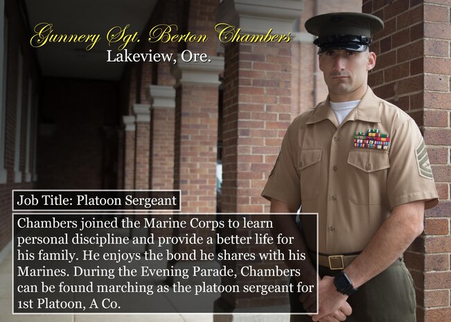 Gunnery Sgt. Berton Chambers
Lakeview, Ore.
Job Title: Platoon Sergeant
Chambers joined the Marine Corps to learn personal discipline and provide a better life for his family. He enjoys the bond he shares with his Marines. During the Evening Parade, Chambers can be found marching as the platoon sergeant for 1st Platoon, A Co.
(Official Marine Corps graphic by Cpl. Chi Nguyen/Released)