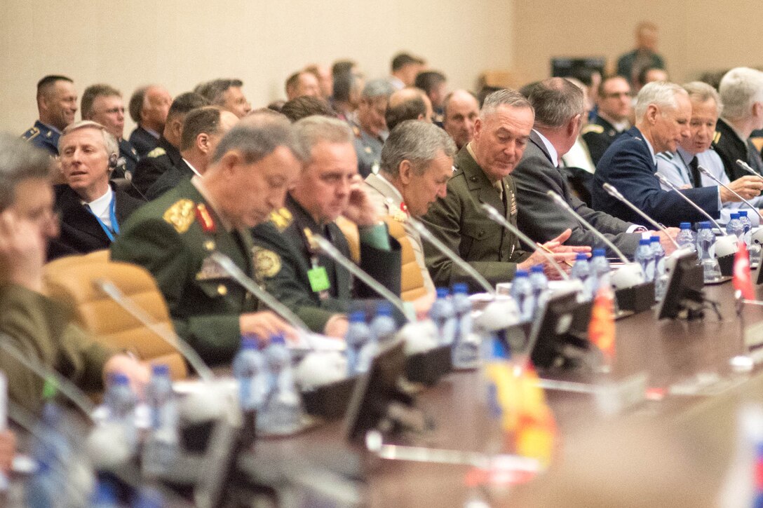 Marine Corps Gen. Joe Dunford, center, chairman of the Joint Chiefs of Staff, participates in the NATO Military Committee/Chiefs of Defense Session in Brussels, May 18, 2016. Among the meeting's topics are NATO operations and the security situation, interoperability, and presentations from special partners.DoD photo by D. Myles Cullen