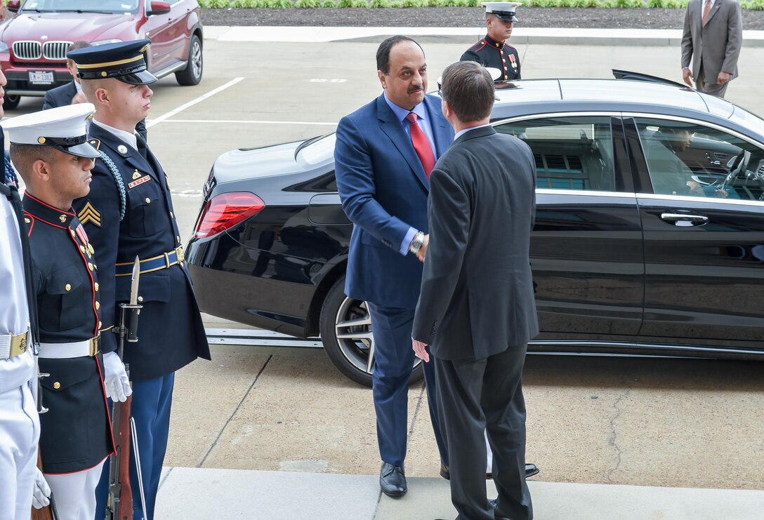 Defense Secretary Ash Carter welcomes Qatari Minister of State for Defense Affairs Khalid bin Mohammed al-Attiyah to the Pentagon, May 18, 2016. DoD photo by U.S. Army Sgt. 1st Class Clydell Kinchen