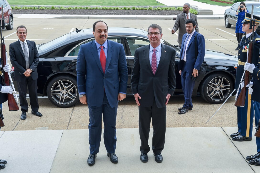 Defense Secretary Ash Carter hosts an honor cordon welcoming Qatari Minister of State for Defense Affairs Khalid bin Mohammed al-Attiyah at the Pentagon, May 18, 2016. DoD photo by U.S. Army Sgt. 1st Class Clydell Kinchen